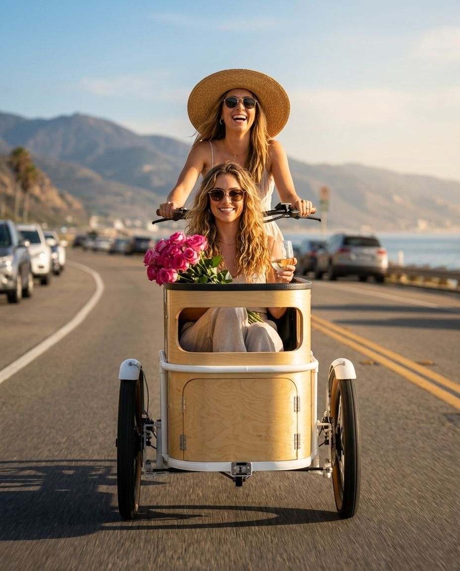 Two friends laughing while riding a minica cargo trike along a coastal road at sunset.