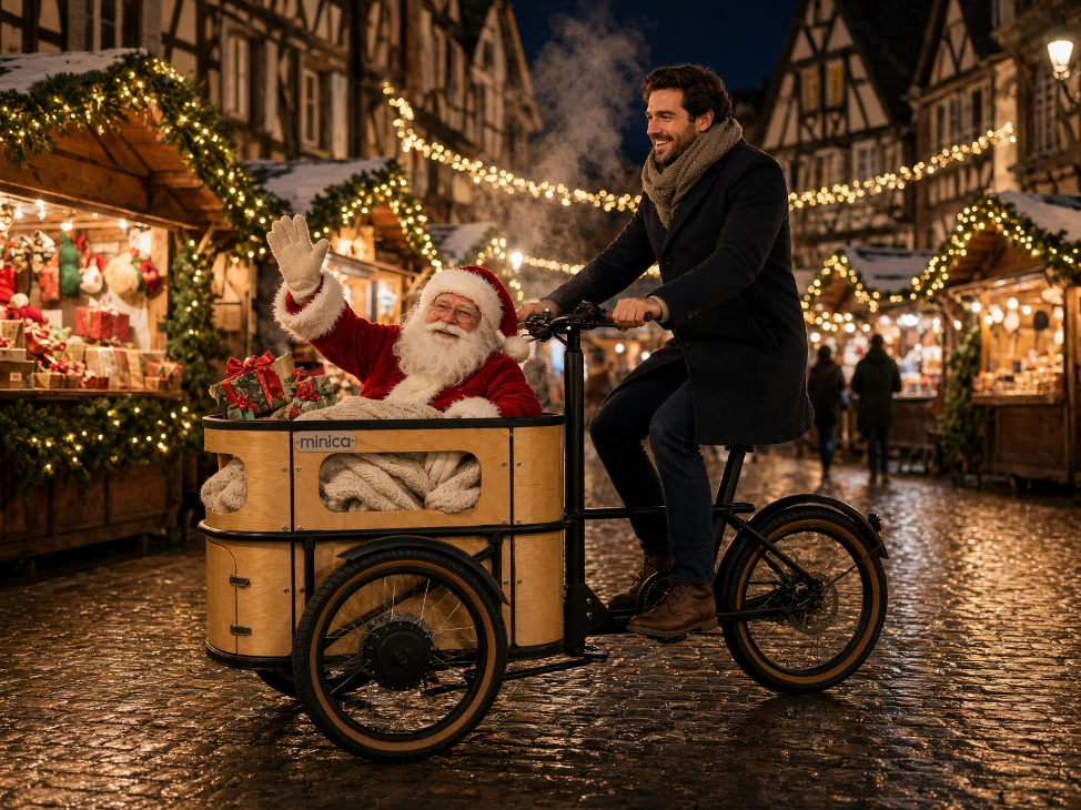 Le Père Noël à bord d’un triporteur minica dans un décor de marché de Noël