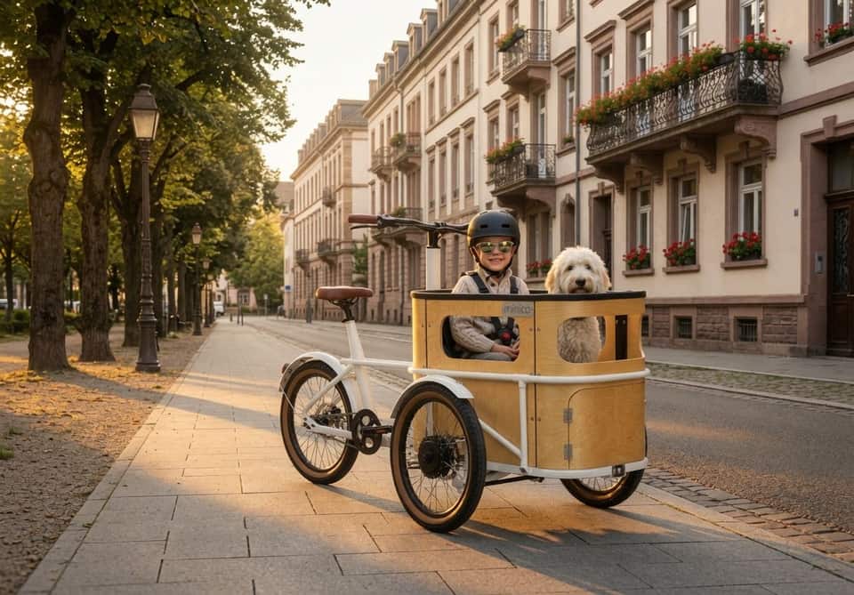 A child and a white dog sitting in the wooden tub of a minica electric cargo trike.
