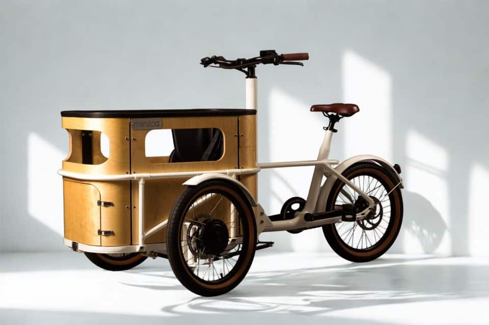 Front view of the minica electric cargo trike with its wooden family tub.