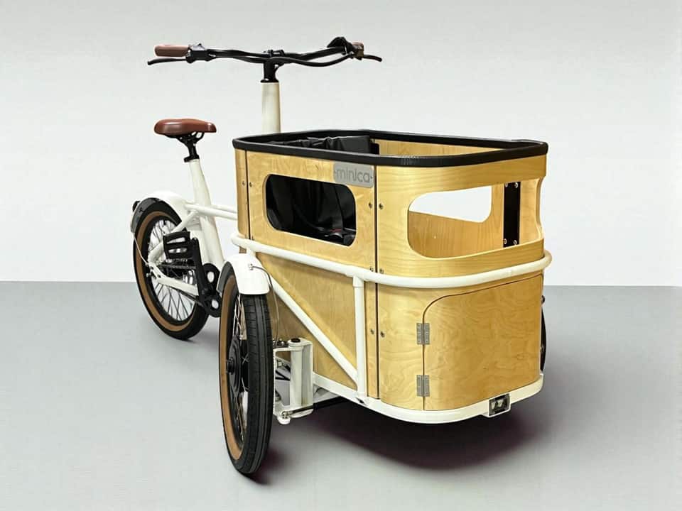 Rear view of the minica electric cargo trike and its rear rack.