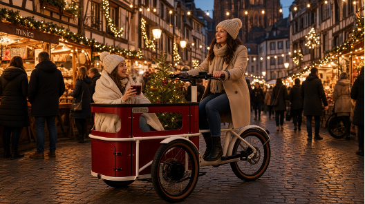 Zwei Besucherinnen mit einem roten minica-Lastendreirad auf dem Weihnachtsmarkt