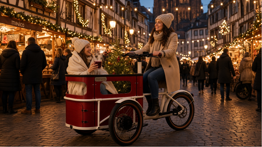 Two riders on a red minica trike with mulled wine among the illuminated chalets of the Strasbourg Christmas market at night