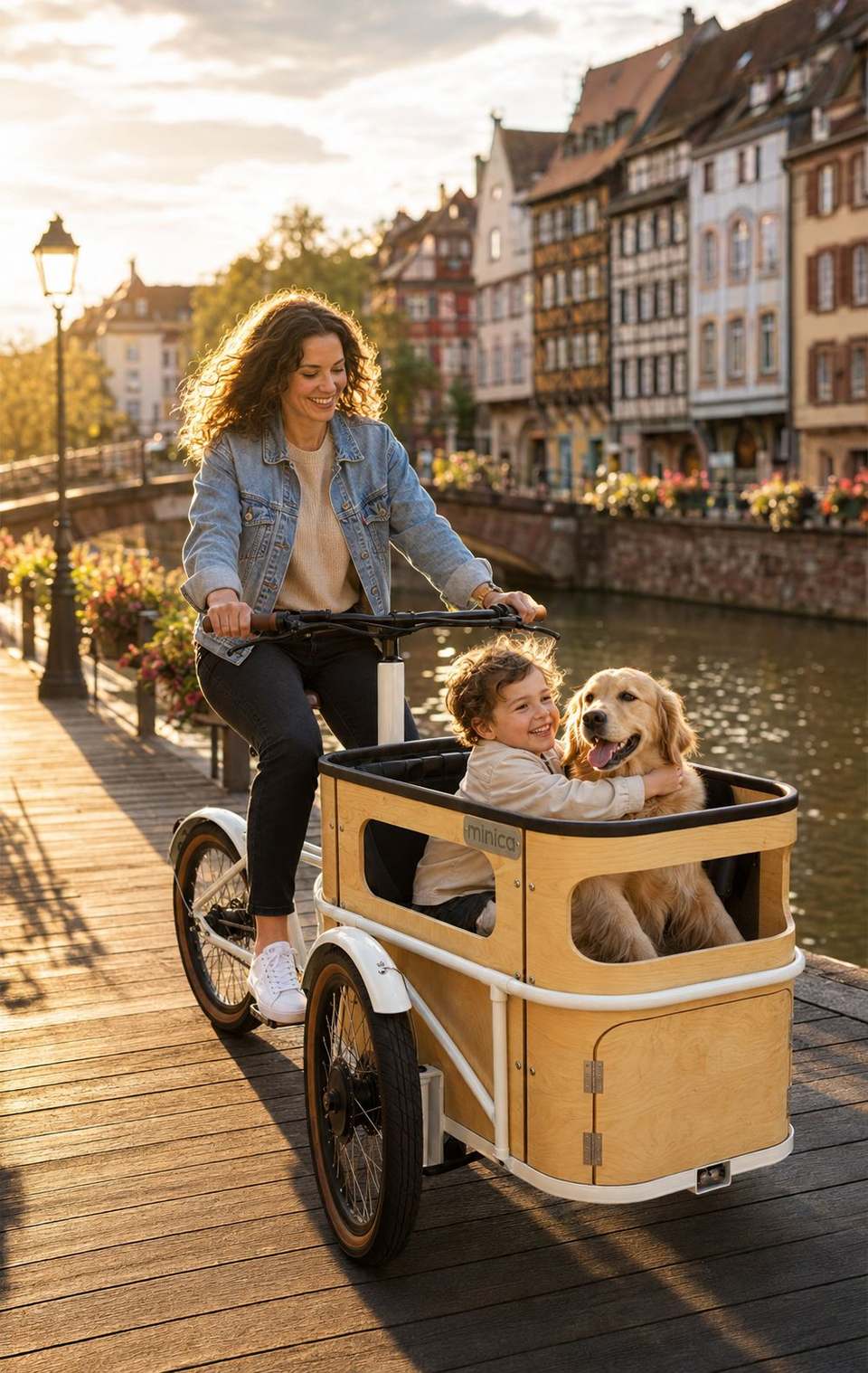 A family using the minica electric cargo bike to carry a child and a dog.