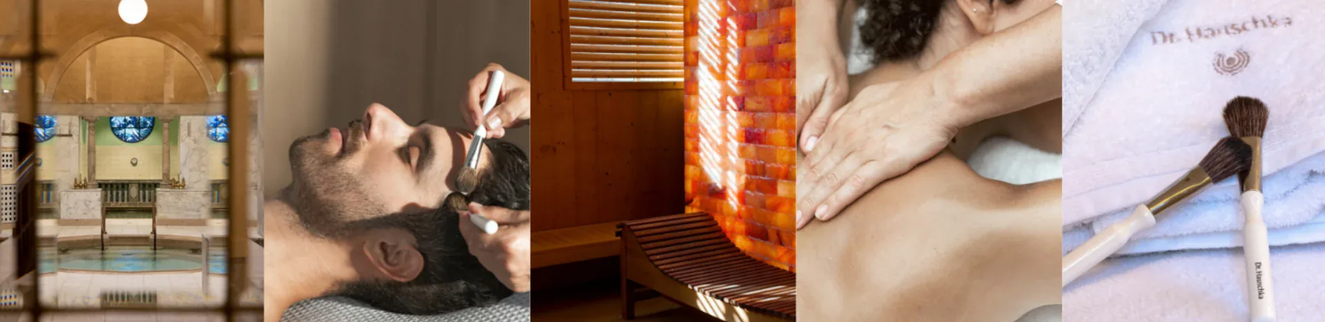 Les soins des Bains Municipaux : les bains romains vus depuis la fenêtre, un soin du visage, la grotte de sel, un massage du dos et les serviettes Dr. Hauschka