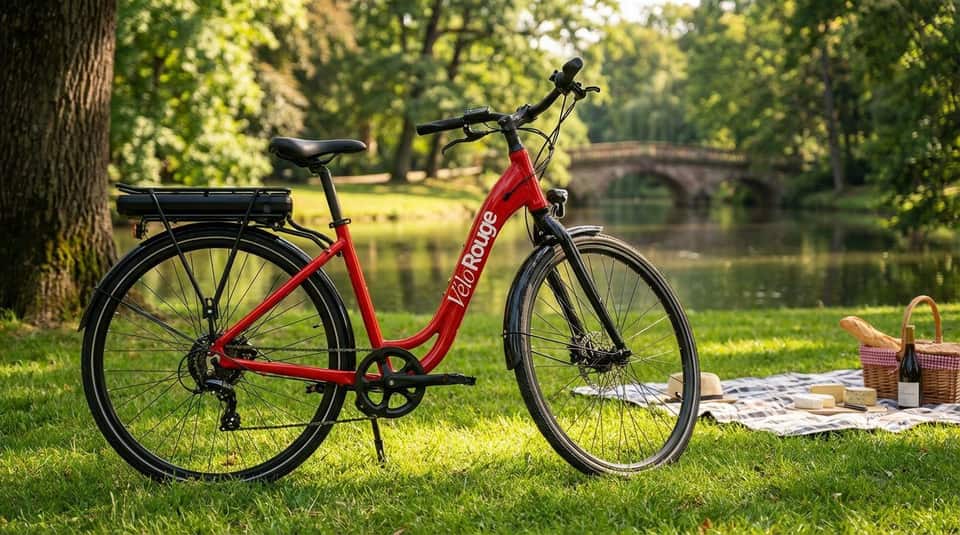 A red VéloRouge electric bike available for hourly and daily rental in Strasbourg.