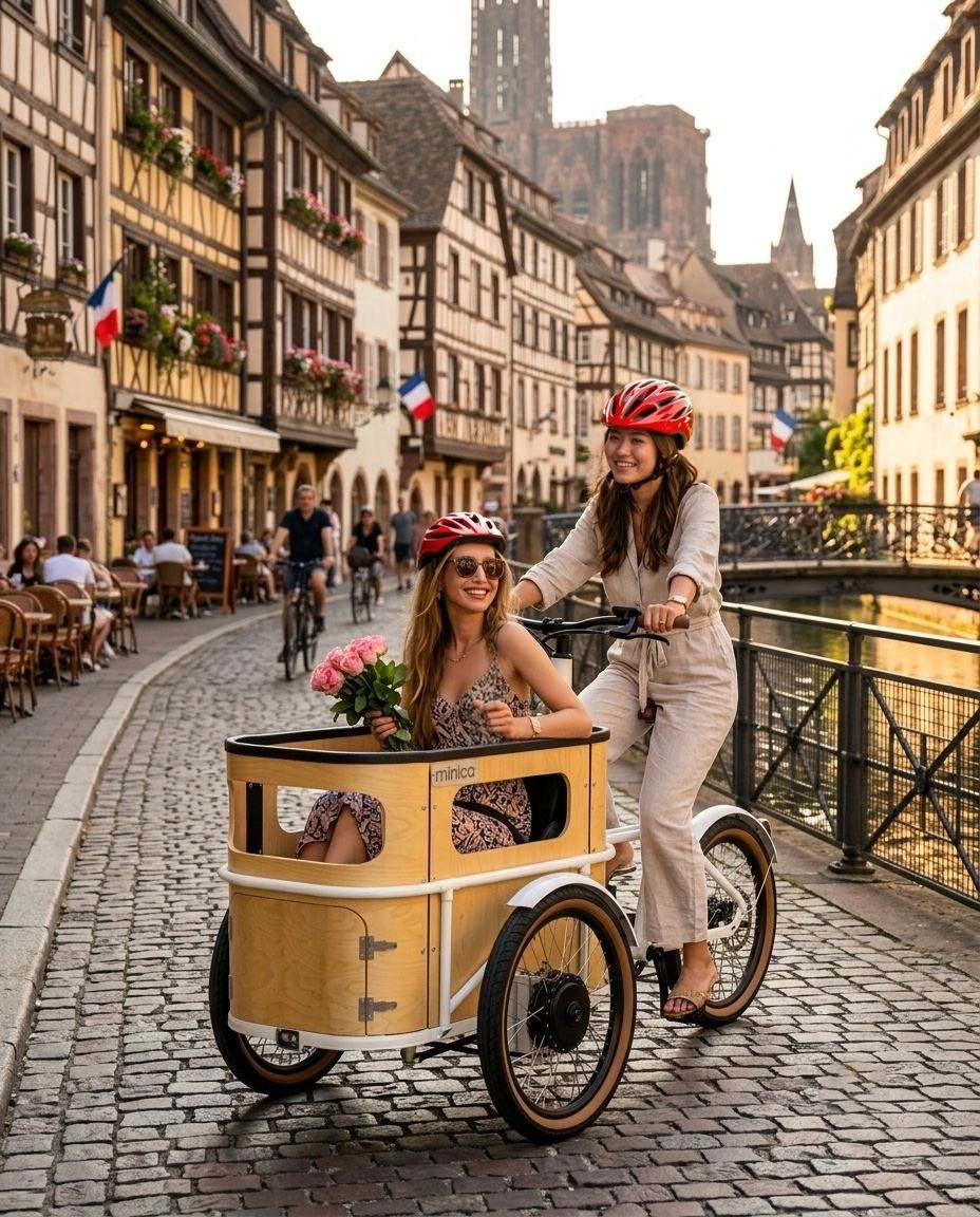 Cool Cargo E-Bike — Two riders on a minica electric cargo trike beside a Strasbourg canal.