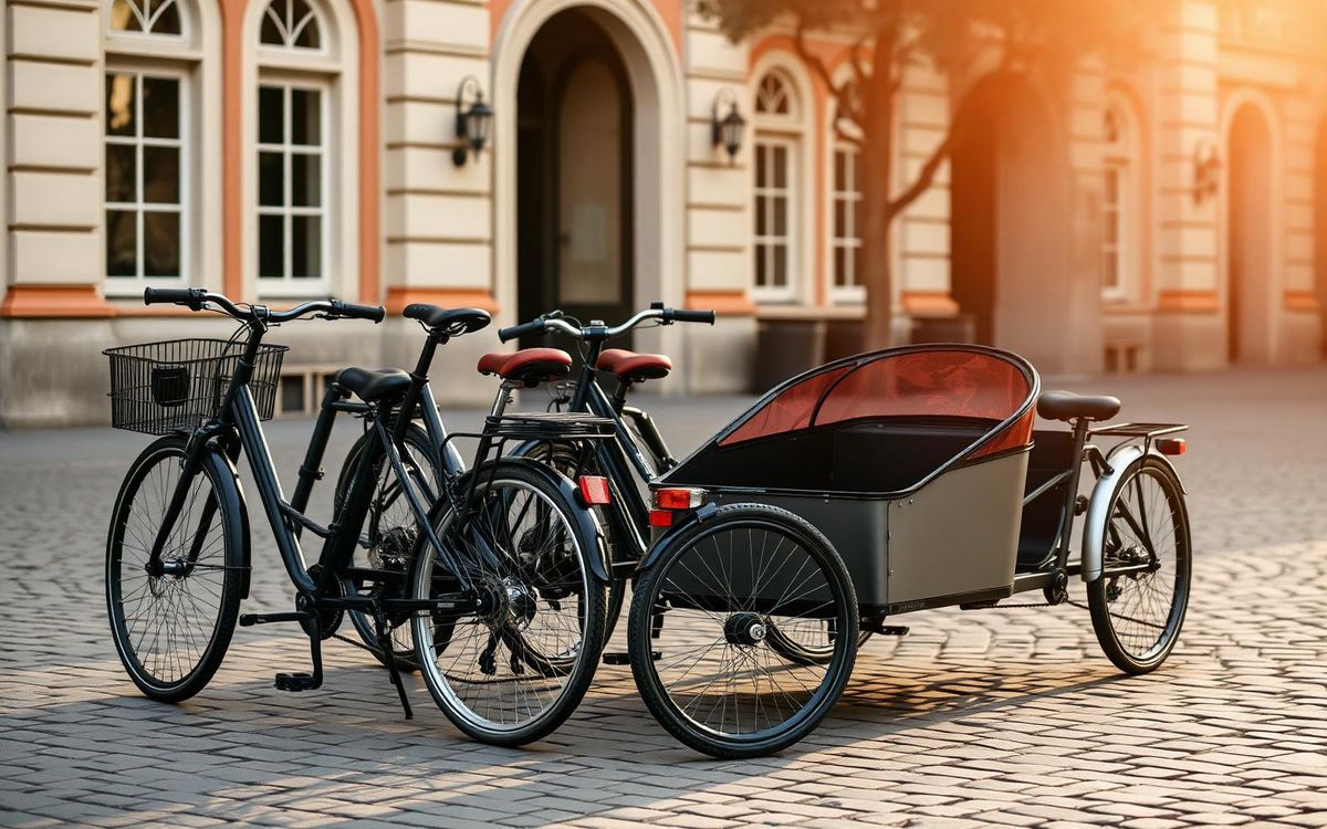 A lineup of family cargo bikes and a front-box cargo trike parked on a European city square in morning light