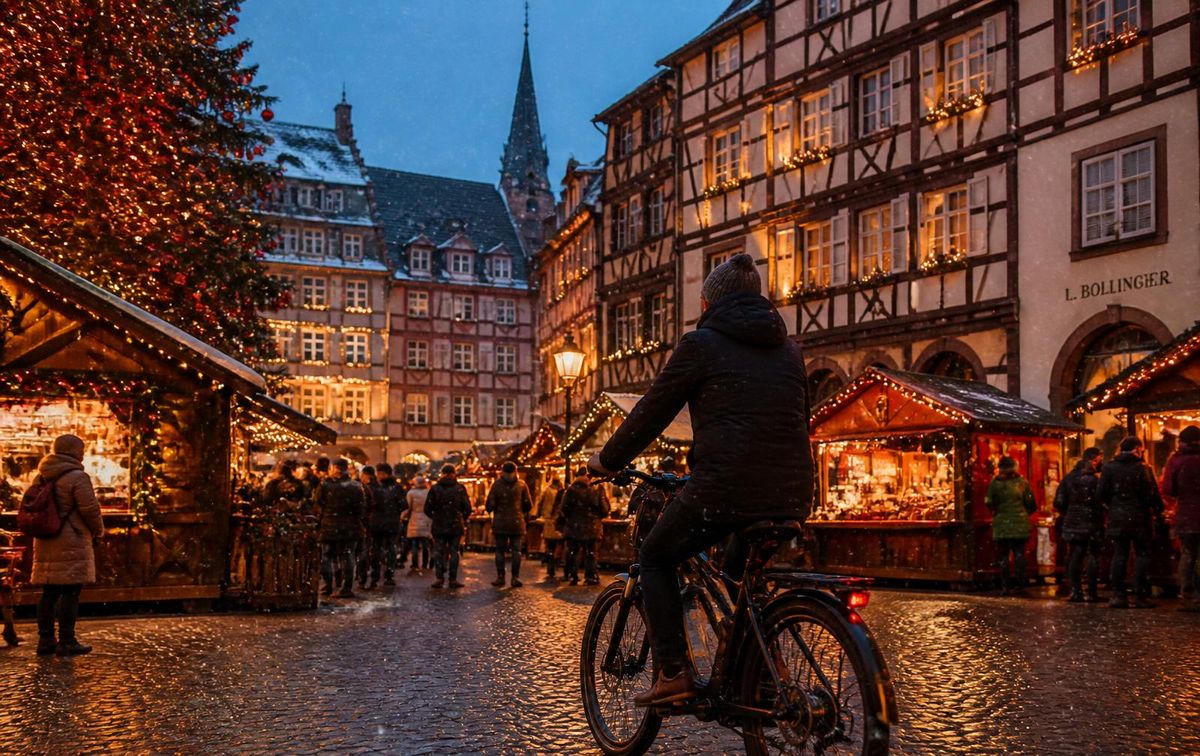 Strasbourg Christmas market at dusk with illuminated wooden chalets and a cyclist crossing the square