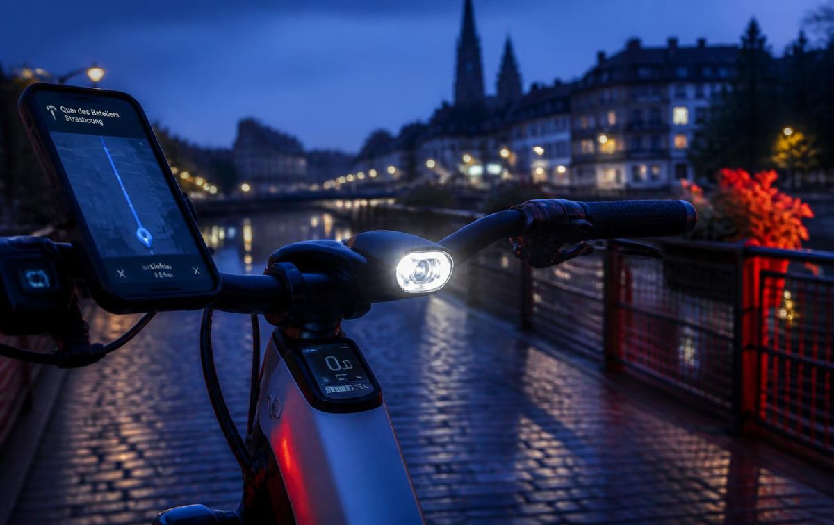Close-up of a connected e-bike cockpit at blue hour on a Strasbourg canal bridge, LED headlight lit and GPS map on screen