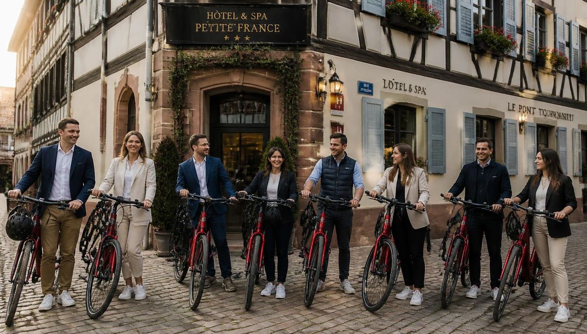 A corporate group in smart-casual clothing standing with red electric bikes outside a Strasbourg boutique hotel