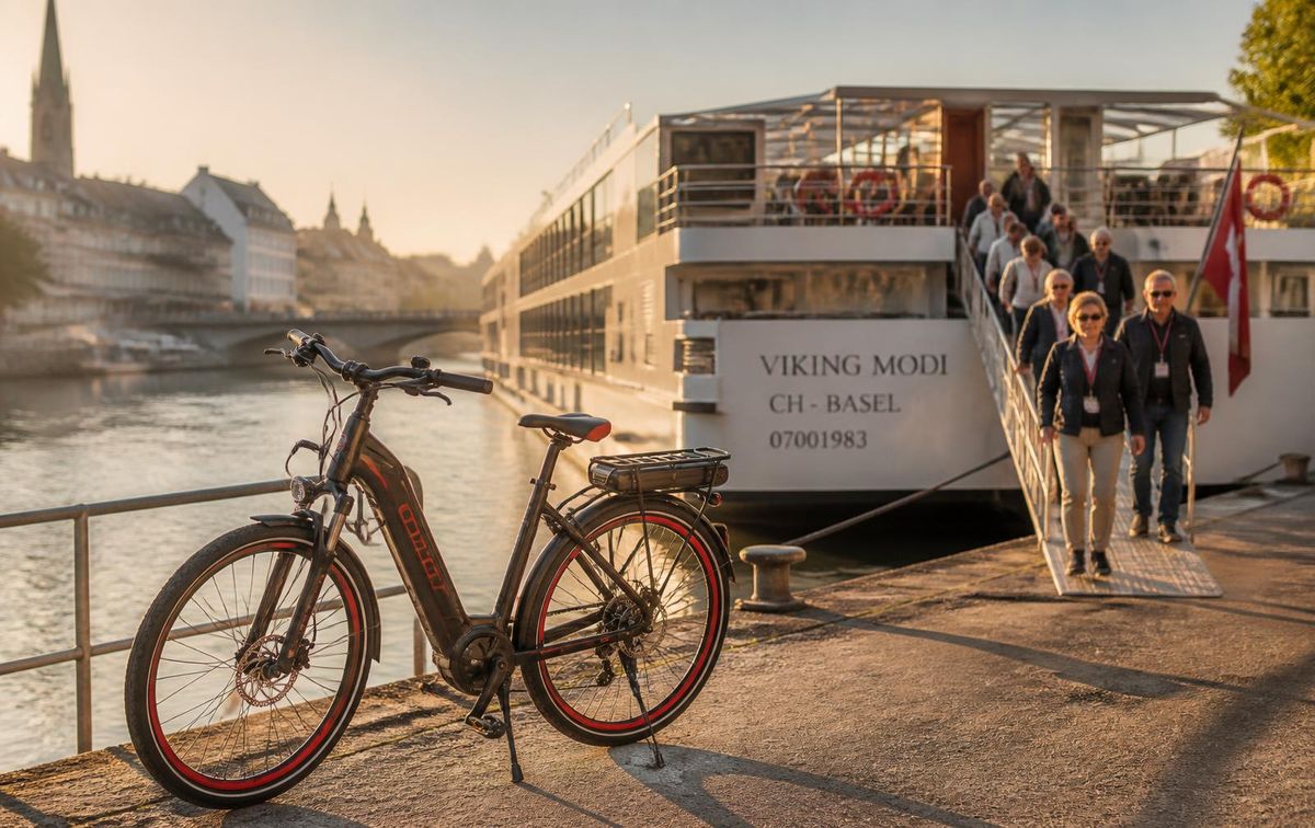 A river cruise ship moored on the Strasbourg quay at golden hour with an electric bike parked in the foreground