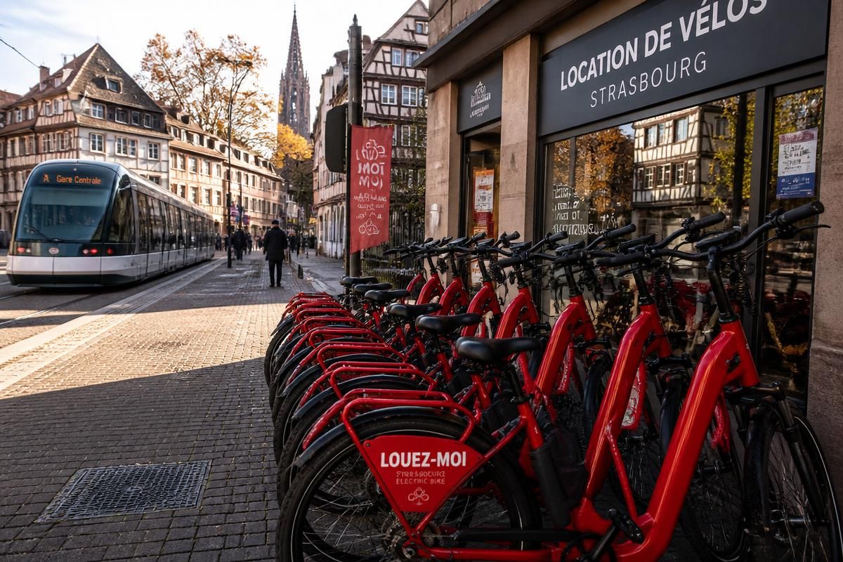 Red electric bikes lined up outside a bike rental shop in Strasbourg, with a tram and the cathedral spire behind