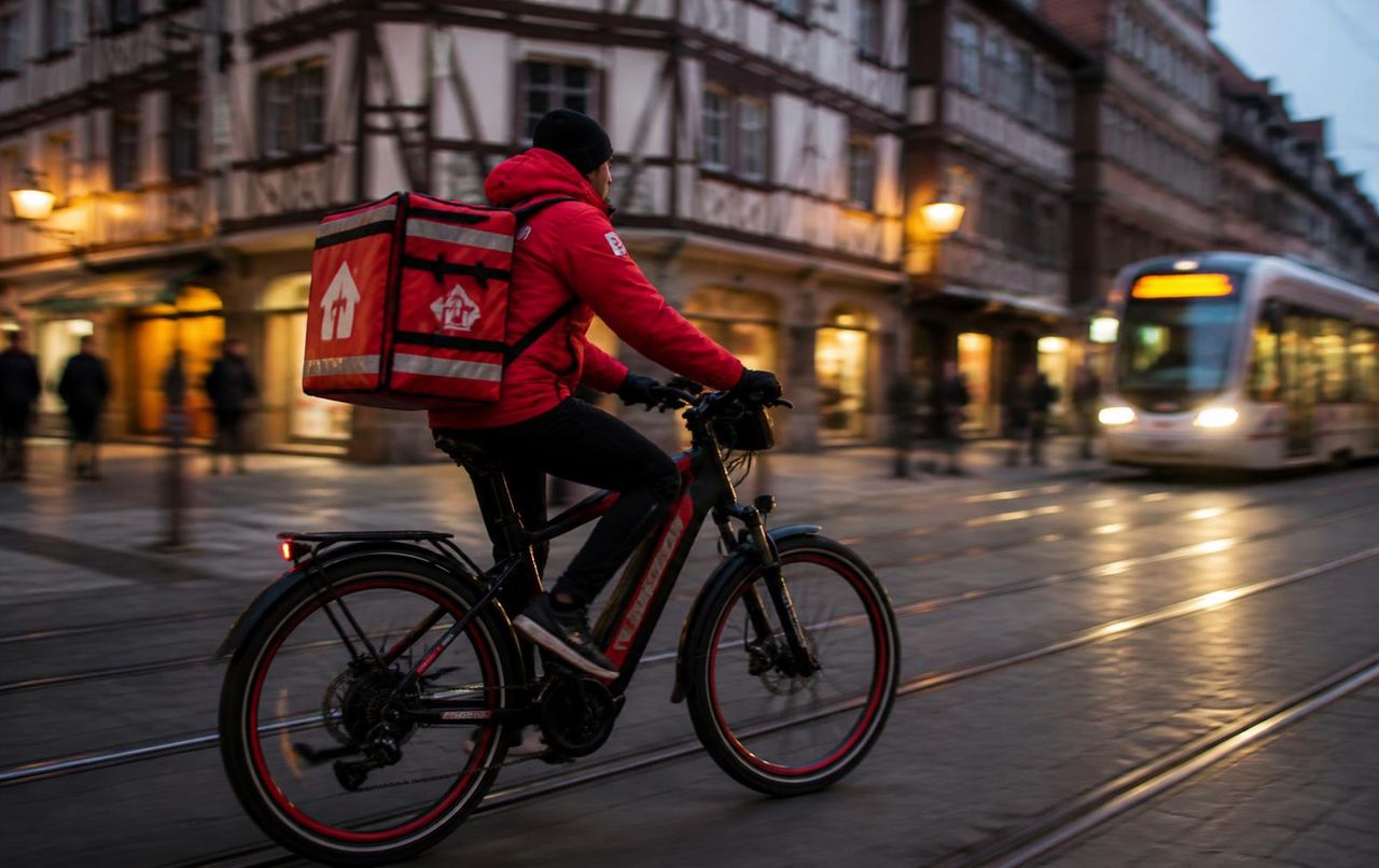 A food delivery rider with a red insulated backpack riding an electric bike through a Strasbourg street at dusk