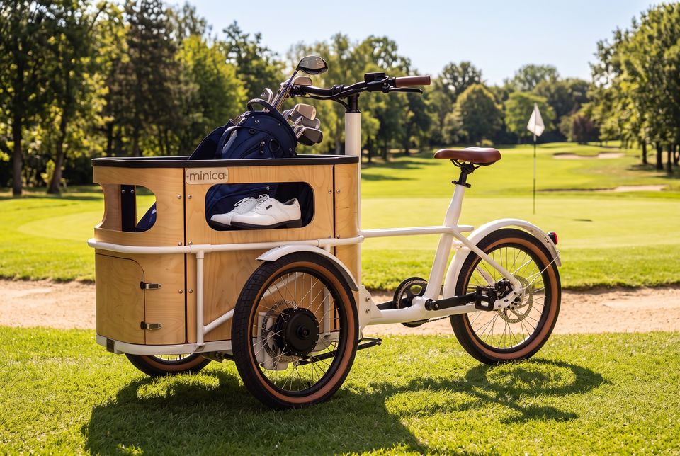 A minica electric cargo trike with a full golf bag and shoes in its wooden box.