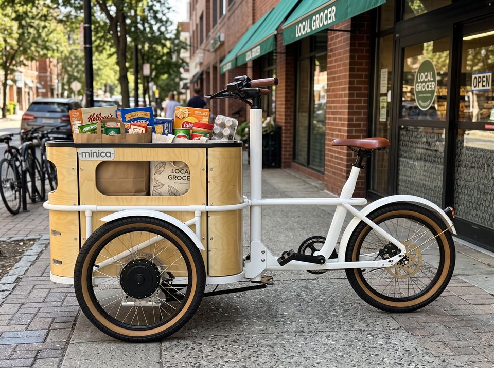 A minica electric cargo trike filled with paper and tote grocery shopping bags outside a city grocery store.