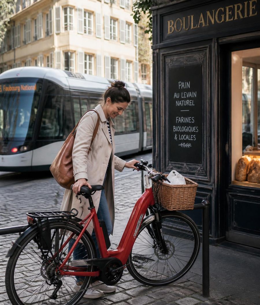 Strasbourg resident parking a red electric bike outside a boulangerie with a tram passing behind