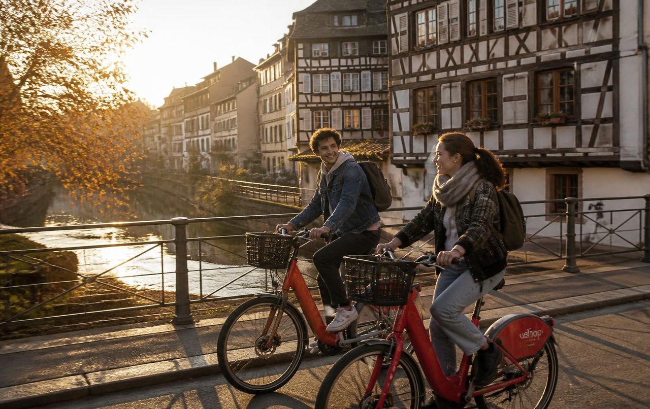 Two students riding red electric bikes past the half-timbered houses of Petite France in Strasbourg