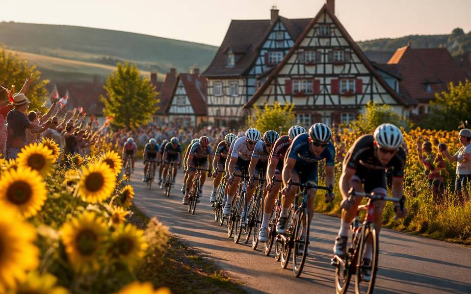 Road-race peloton riding through an Alsatian village at golden hour