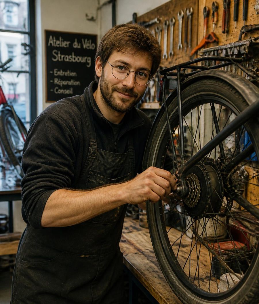 A VéloRouge mechanic servicing an electric bike in the Strasbourg workshop